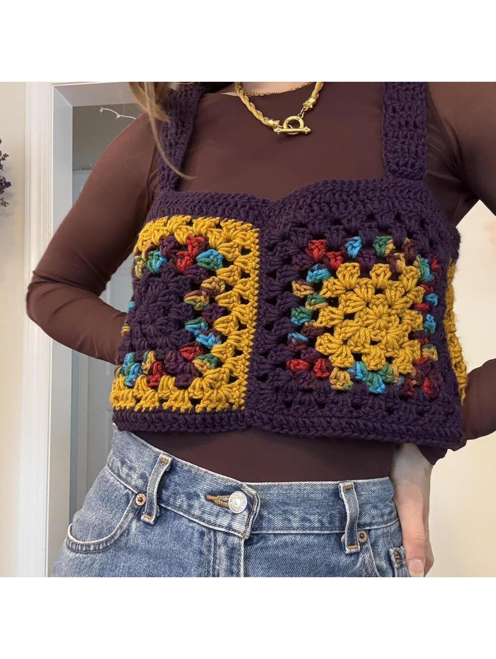 Purple & Gold Granny Square crochet crop top.